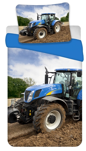 Se Traktor sengetøj - 140x200 cm - sengesæt med blå traktor - 100% bomuld hos Dynezonen.dk